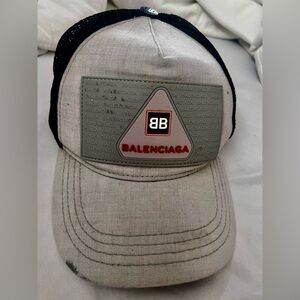Balenciaga Gray and Black Trucker Cap with Red Logo Patch